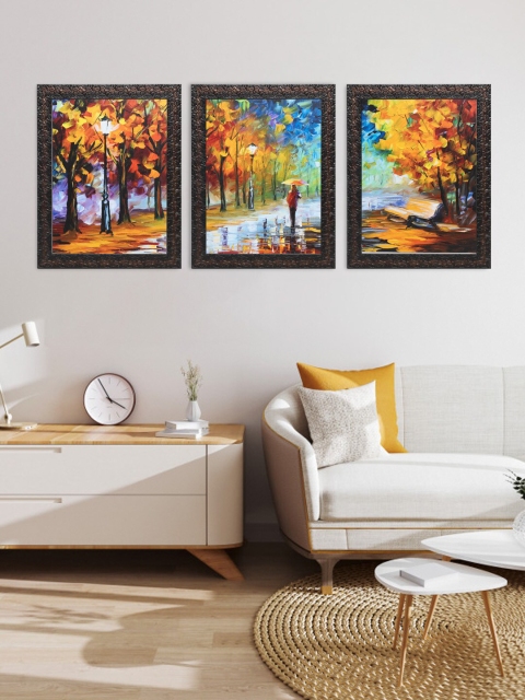 

Indianara Set Of 3 Yellow & Blue Rainfall In City Printed Framed Art Prints Without Glass