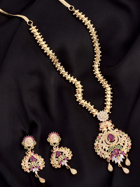 

Saraf RS Jewellery Women Gold-Plated American Diamond Maroon & Green Jewellery Sets