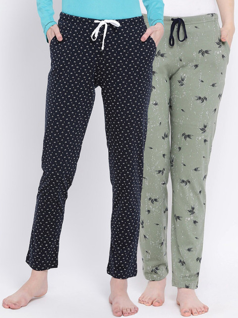 

Kanvin Women Pack of 2 Printed Pure Cotton Lounge Pants PJ1117+PJ1122, Navy blue
