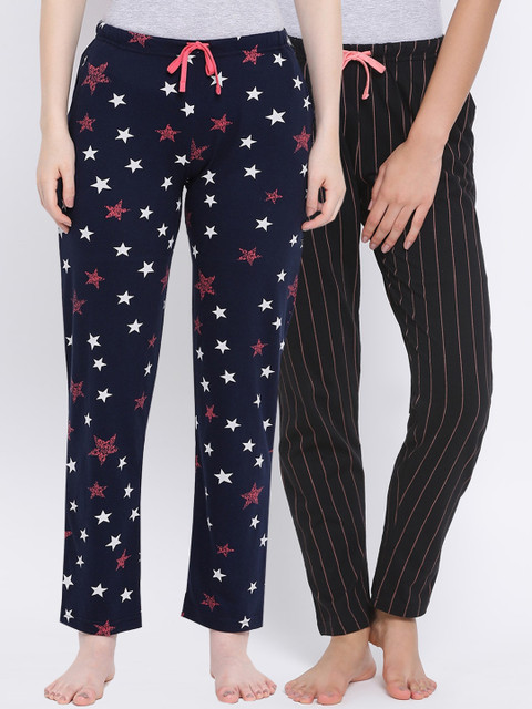 

Kanvin Women Pack Of 2 Printed Cotton Lounge Pants, Navy blue