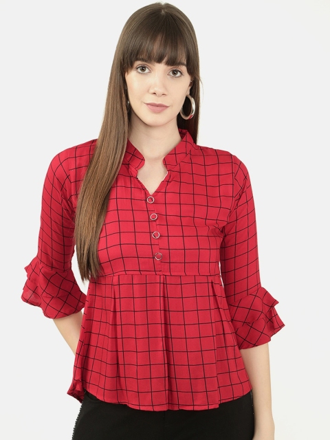 

V2 Value & Variety Red & Black Checked Mandarin Collar A-Line Top