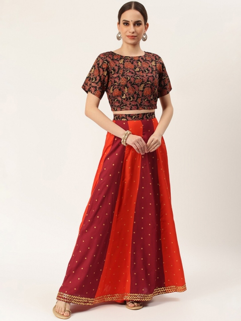 Rustorange Women Maroon & Orange Printed Crop Top with Skirt