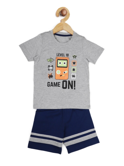 

Stupid Cupid Boys Grey & Navy Blue Printed T-shirt with Shorts