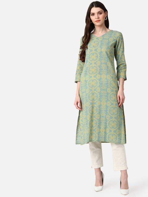

AHIKA Women Teal & Yellow Ethnic Motifs Printed Kurta