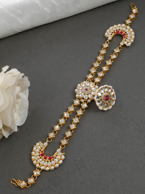

Silvermerc Designs Gold-Plated White & Magenta Pink Kundan-Studded Enamelled Mathapatti With Borla