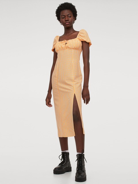 

H&M Women Yellow Checked Puff-Sleeved Dress
