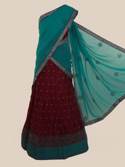 

Pothys Teal Blue & Brown Poly Chiffon Embroidered Half Saree