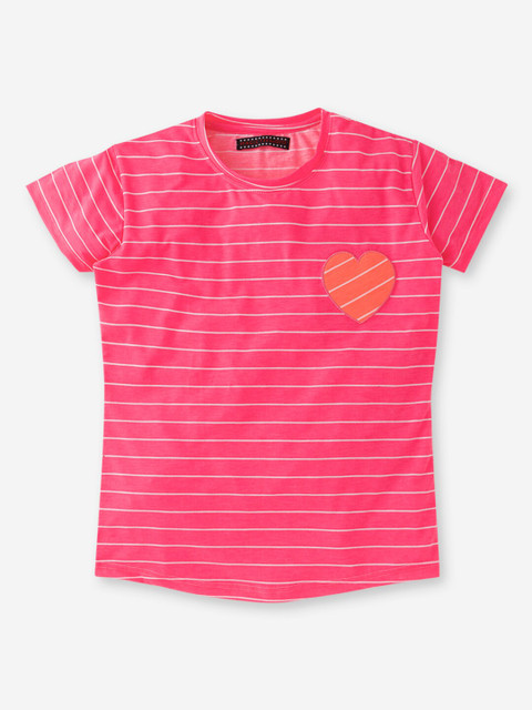 

MAGIC TEES Girls Pink & White Striped Round Neck T-shirt