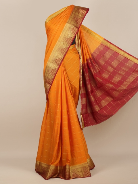 

Pothys Orange & Gold-Toned Poly Georgette Checked Saree