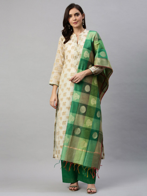 

Soch White & Green Cotton Blend Unstitched Dress Material