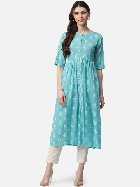 

AHIKA Women Turquoise Blue & White Ethnic Motifs Printed Anarkali Kurta