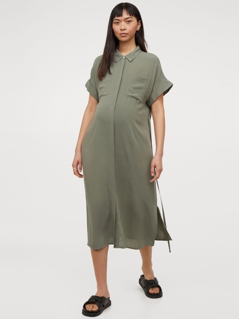 

H&M MAMA Olive Green Solid Shirt Dress