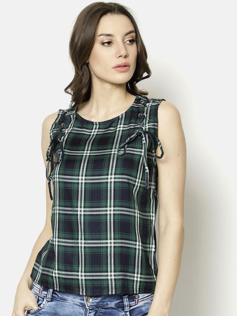 

V2 Value & Variety Navy Blue & Green Checked Regular Top