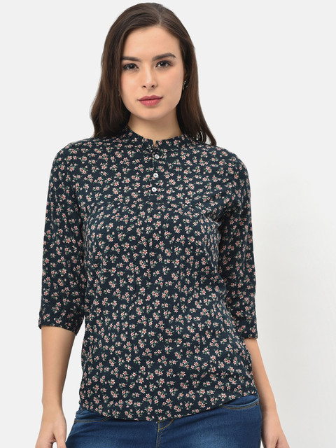

V2 Value & Variety Black & Pink Floral Mandarin Collar Shirt Style Top