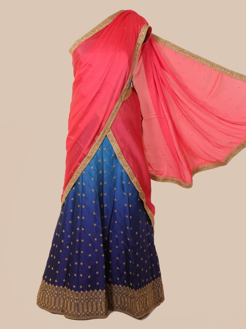 

Pothys Peach-Coloured & Blue Poly Chiffon Embroidered Saree
