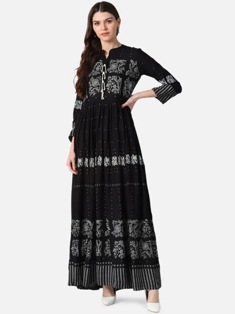 AHIKA Women Black & White Ethnic Motifs Printed Anarkali Kurta
