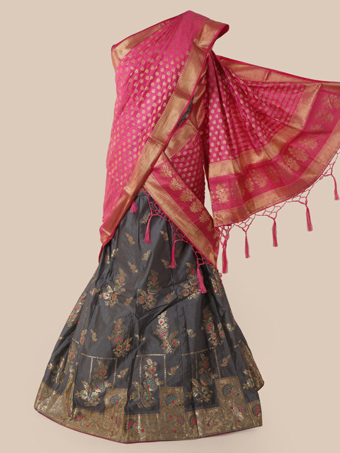 

Pothys Pink & Charcoal Grey Silk Cotton Woven Design Half & Half Saree