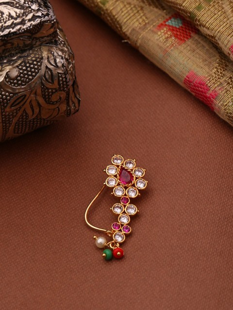 

Shoshaa Women Gold-Plated Pink Stone-Studded Beaded Nosepin