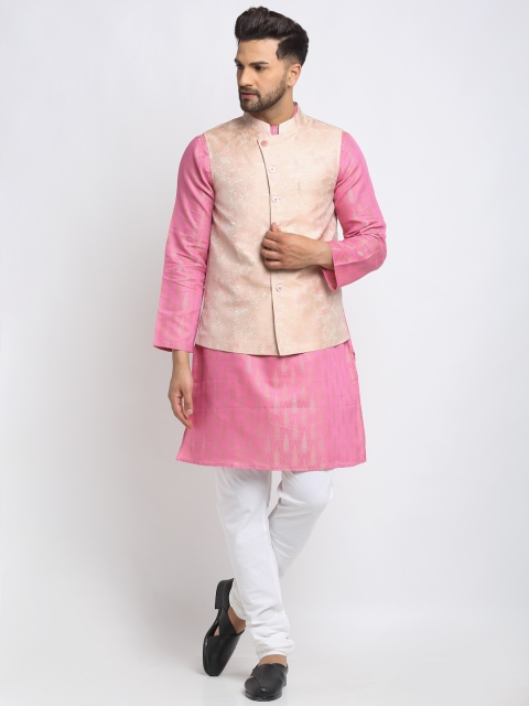 

NEUDIS Men Pink & White Solid Kurta Set with Nehru Jacket