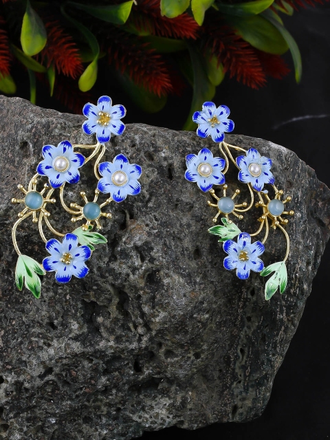 

Silvermerc Designs Gold-Plated & Blue Handpainted Floral Drop Earrings