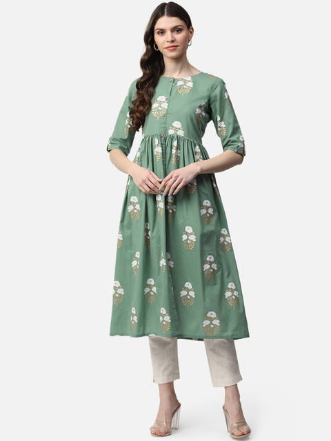 

AHIKA Women Green Ethnic Motifs Printed Anarkali Kurta