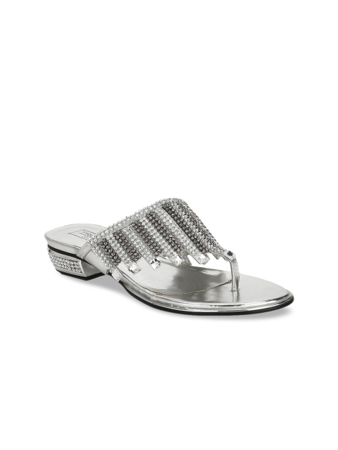 

Truffle Collection Women Silver-Toned Textured Synthetic Patent Open Toe Flats