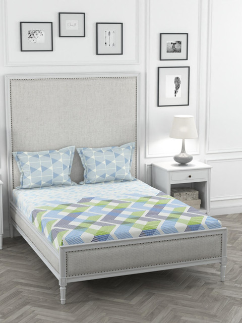 

Portico New York Blue & Olive Green Geometric 144 TC Cotton 1 King Bedsheet with 2 Pillow Covers