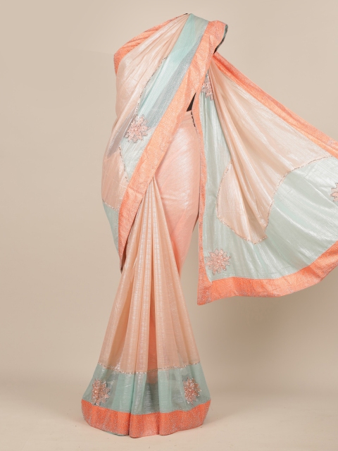 

Pothys Peach-Coloured & Blue Poly Chiffon Striped Saree