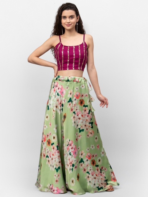 

studio rasa Lime Green Floral Printed Ready to Wear Lehenga with Blouse