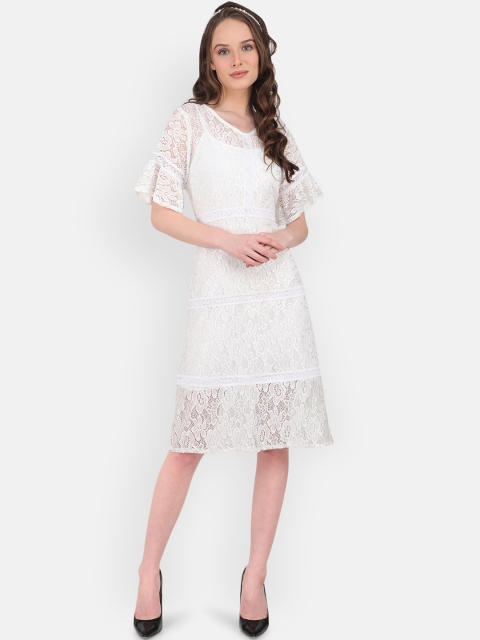 

MARC LOUIS Women White Self Design A-Line Dress