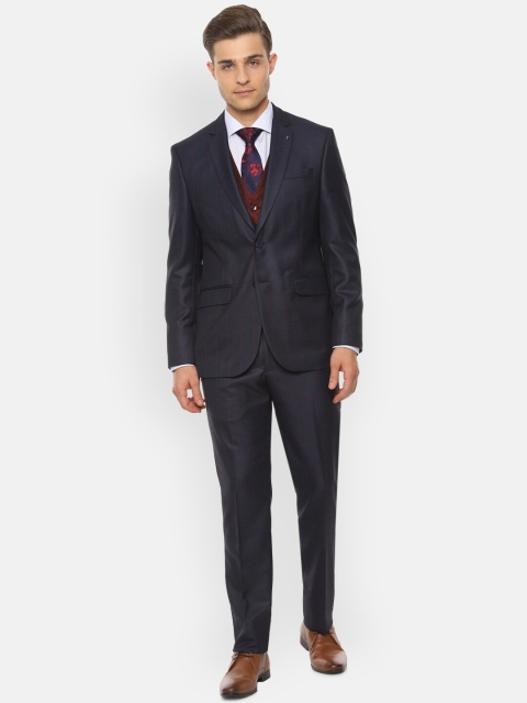 

Van Heusen Men Navy Blue & Maroon Checked Slim-Fit Single-Breasted Three-Piece Formal Suit