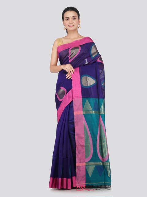 

PinkLoom Blue Cotton Blend Woven Design Handloom Saree