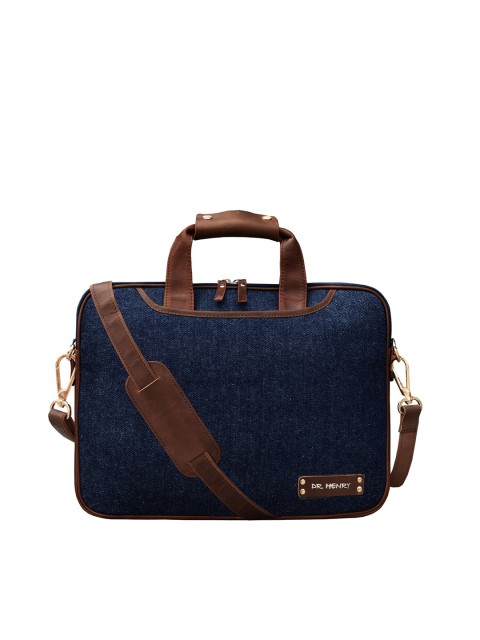

DR. HENRY Unisex Navy Blue & Brown Solid Leather Laptop Bag