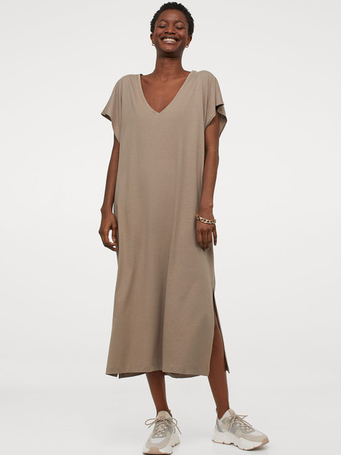 

H&M Women Beige Solid V-neck Jersey Dress
