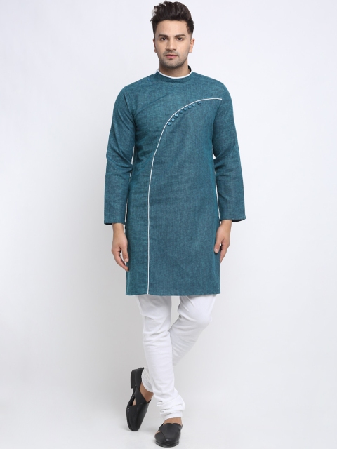 

NEUDIS Men Green & White Self Design Cotton Kurta with Churidar