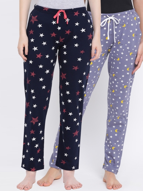 

Kanvin Women Pack Of 2 Printed Cotton Lounge Pants, Navy blue