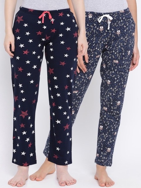 

Kanvin Women Pack Of 2 Printed Pure Cotton Lounge Pants PJ1076+PJ1114, Navy blue
