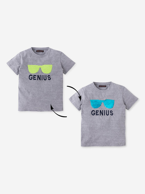 

MAGIC TEES Boys Grey Melange Goggles Reversible Sequin Round Neck T-shirt