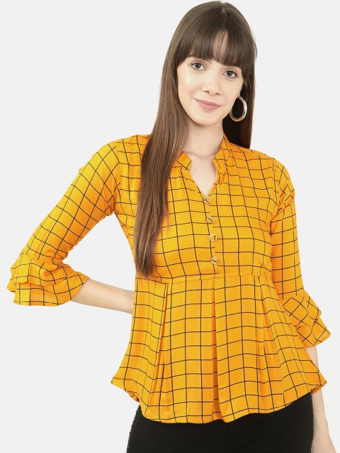 

V2 Value & Variety Yellow & Black Checked Mandarin Collar A-Line Top