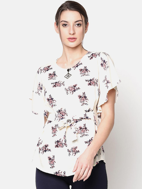 

V2 Value & Variety Cream-Coloured & Black Floral Cinched Waist Top