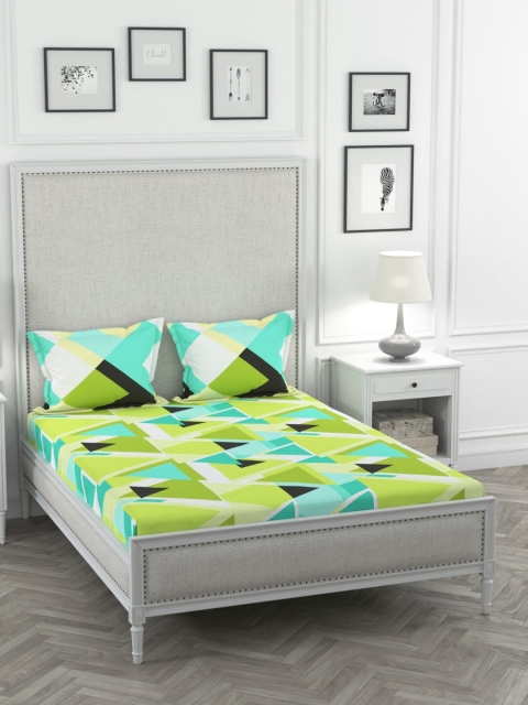 

Portico New York Olive Green & Teal Geometric 144 TC Cotton 1 Queen Bedsheet with 2 Pillow Covers