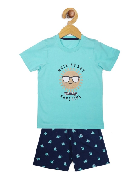 

Stupid Cupid Boys Turquoise Blue & Navy Blue Printed T-shirt with Shorts