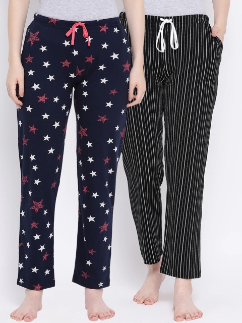 

Kanvin Women Pack Of 2 Printed Pure Cotton Lounge Pants PJ1076+PJ1077, Navy blue