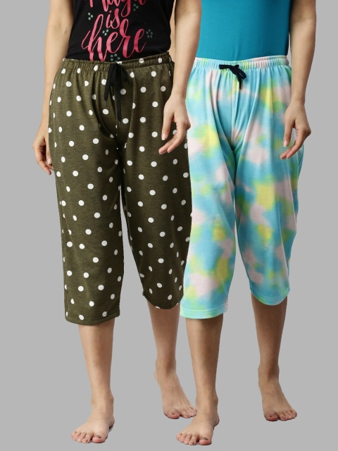 

Kryptic Women Pack of 2 Printed Regular Fit Cotton Capris, Green
