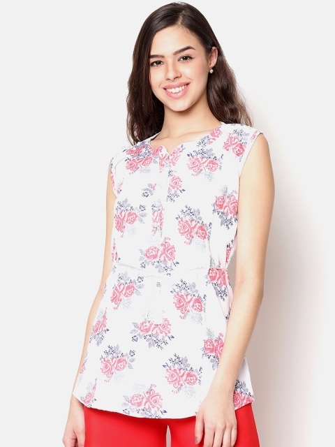 

V2 Value & Variety White & Pink Floral Mandarin Collar Shirt Style Top