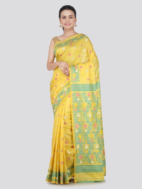 

PinkLoom Yellow & Blue Pure Silk Woven Design Handloom Jamdani Sustainable Saree