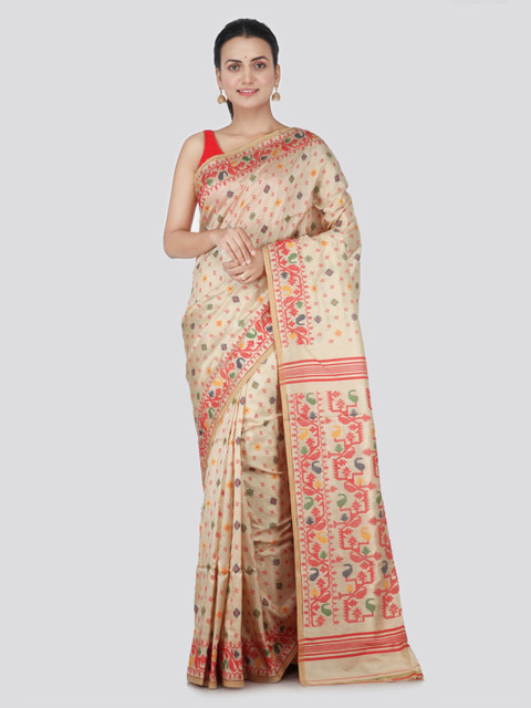 

PinkLoom Beige Pure Silk Woven Design Jamdani Sustainable Saree