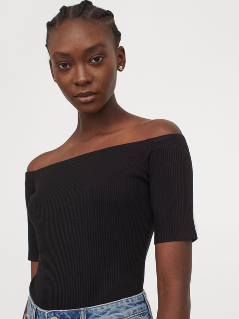 

H&M Women Black Ribbed Off-The-Shoulder Top 0962443003