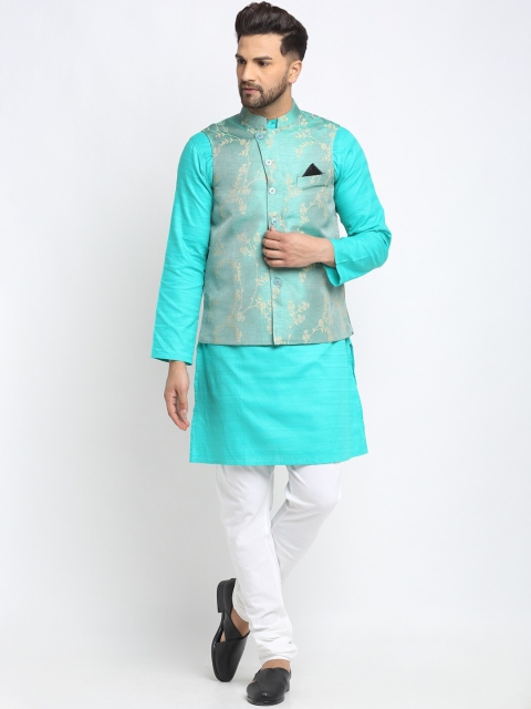

NEUDIS Men Sea Green & White Solid Cotton Kurta Set with Nehru Jacket
