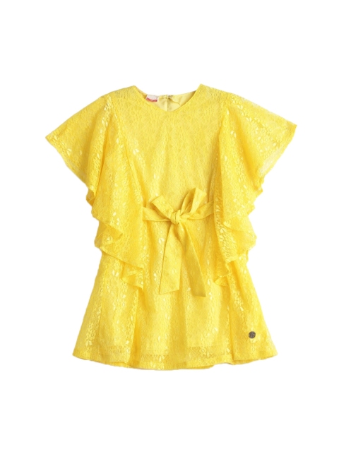 

UNDER FOURTEEN ONLY Girls Yellow Self Design Net A-Line Dress